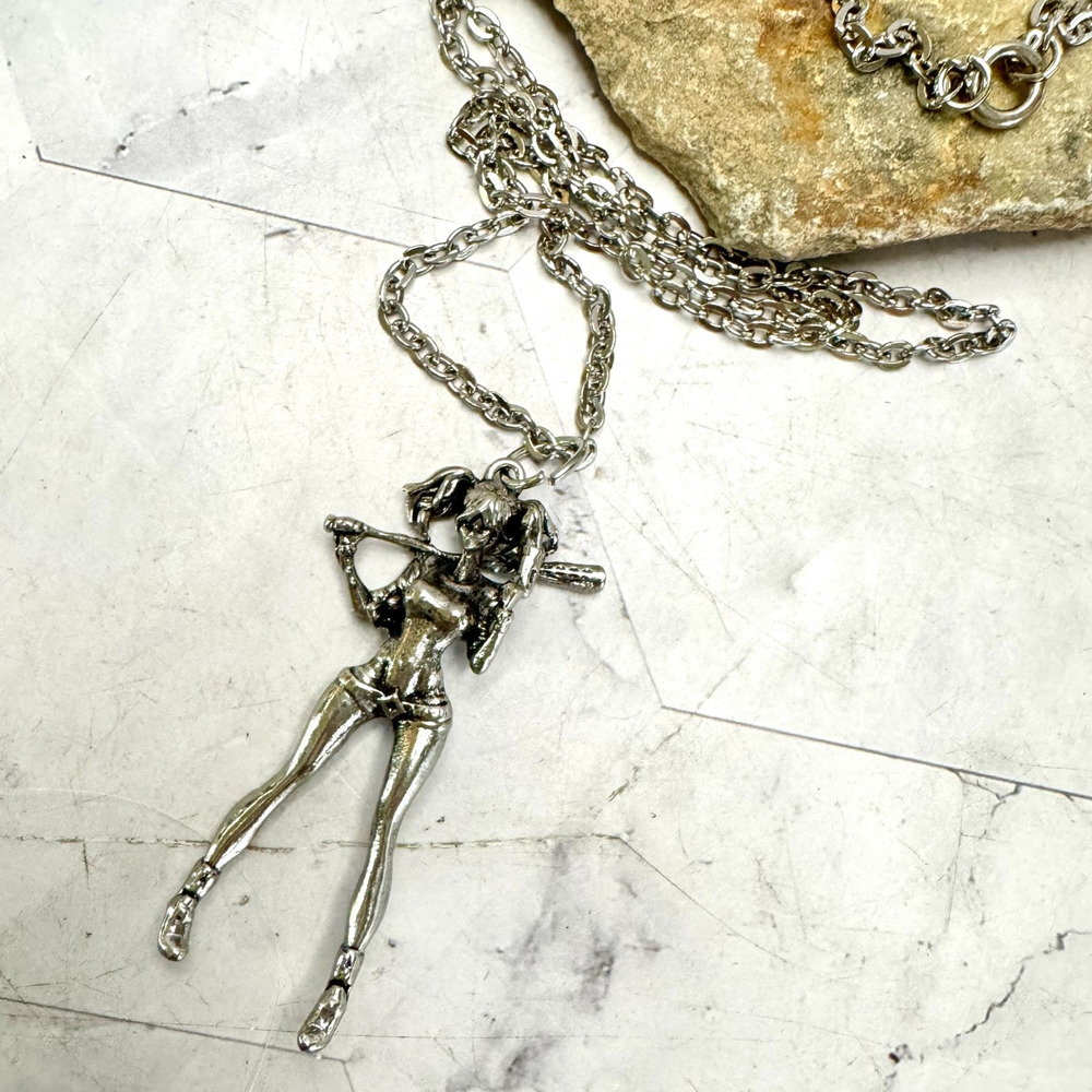 Vintage Harley Quinn Pendant Necklace Silver Tone Holding Bat DC Sexy 24" Chain